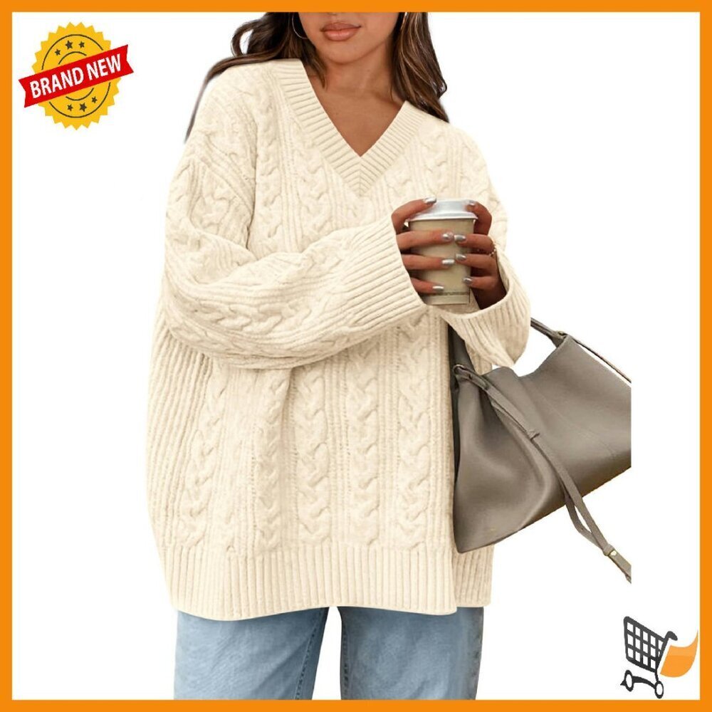 Oversized Cable Knit V-Neck Sweater Women's Pullover Chunky Cozy Fall